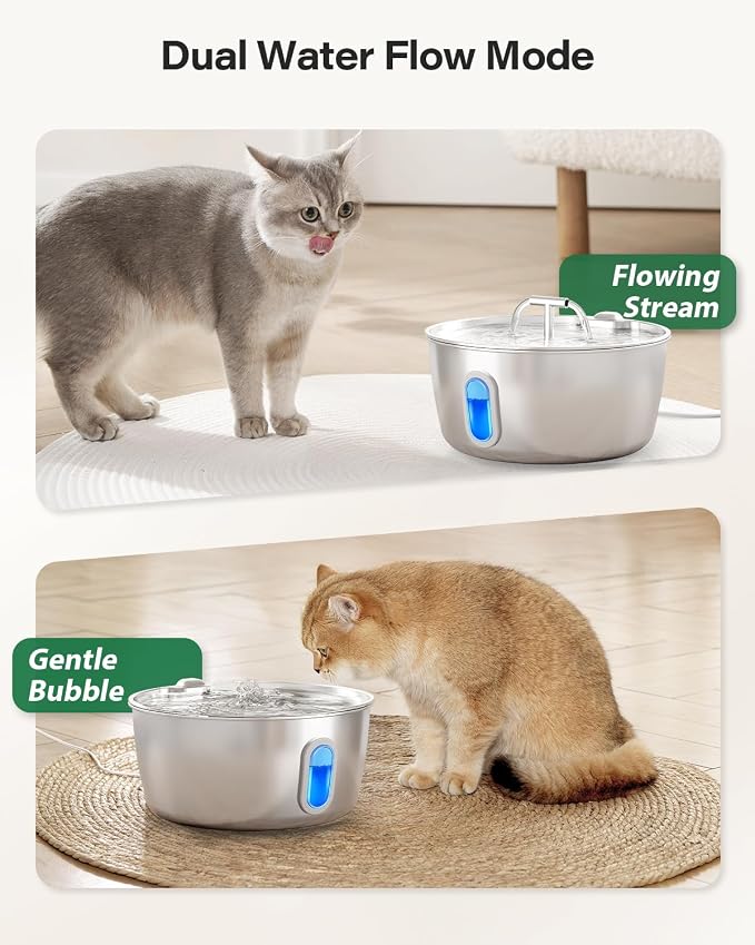 Stainless Steel Cat Water Fountain - 3.2L/108oz Cat Fountain for Drinking | Quiet Pet Water Fountain for Cats Indoor - Automatic Pet Water Bowl Dispenser - for Kitty & Small Dog