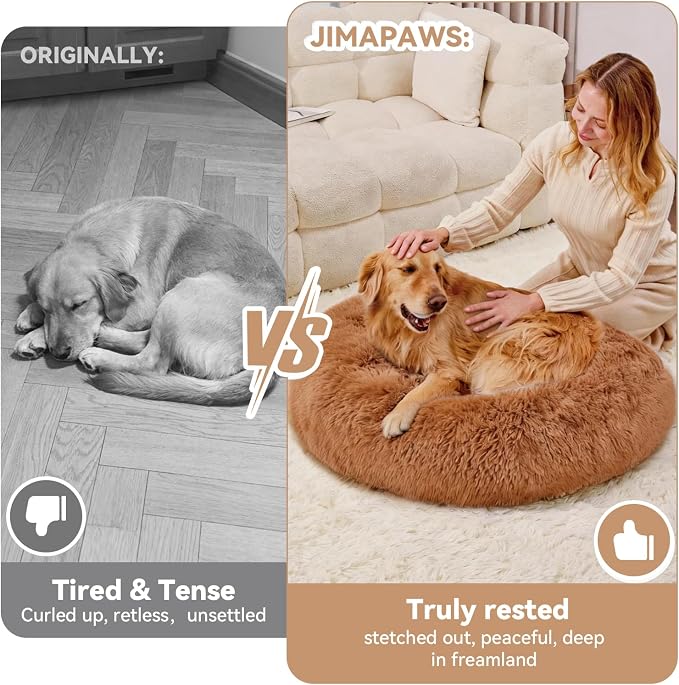 Large Calming Donut Dog Bed for Large Dogs, Ultra Soft Fluffy Anti Anxiety Pet Bed, Plush Round Washable Dog Bed with Raised Rim for Golden Retriever, Husky, Labrador & Indoor (Khaki, 36 Inch)