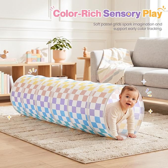 Kids Play Tunnel Tent for Toddler: 6-ft Peach-Skin Pop Up Crawl Tunnel Toy for Baby Infant Children - Collapsible Gift for Boy Girl Play Tunnel Indoor Outdoor Game (Colorful Checkered Tunnel)