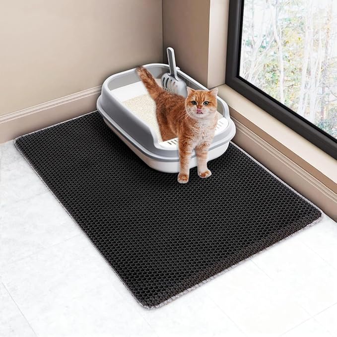Cat Litter Mat Large 35x25in, Kitty Litter Box Mats Larger for Scatter-Free | 2-Layer Honeycomb Effective Litter Trapping Mat to Less Mess, Waterproof Cat Mat, Easy Lift & Dump to Clean,Mengbu(Gray)