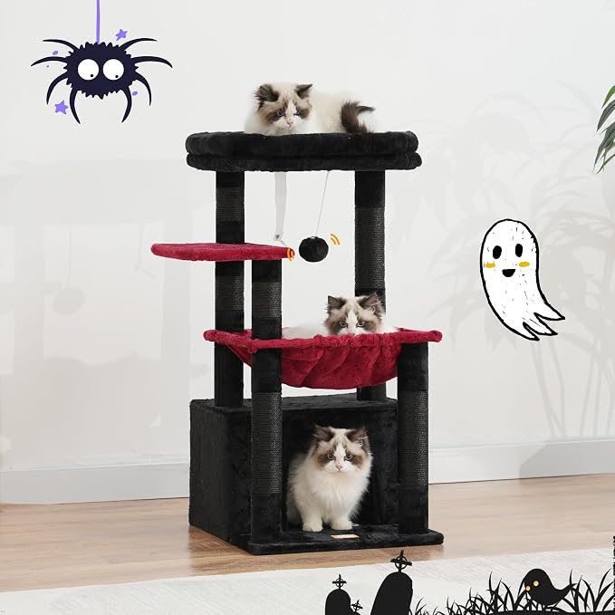 Heybly Cat Tree, Kitten Tower with Large Soft Cat Basket HCT008SBR | Cat Condo with Spacious Cat Bed Cave with Hidden Space, Sisal Scratching Posts, Dangling Ball for Indoor Cats, Black and Red