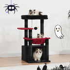 Heybly Cat Tree, Kitten Tower with Large Soft Cat Basket HCT008SBR | Cat Condo with Spacious Cat Bed Cave with Hidden Space, Sisal Scratching Posts, Dangling Ball for Indoor Cats, Black and Red