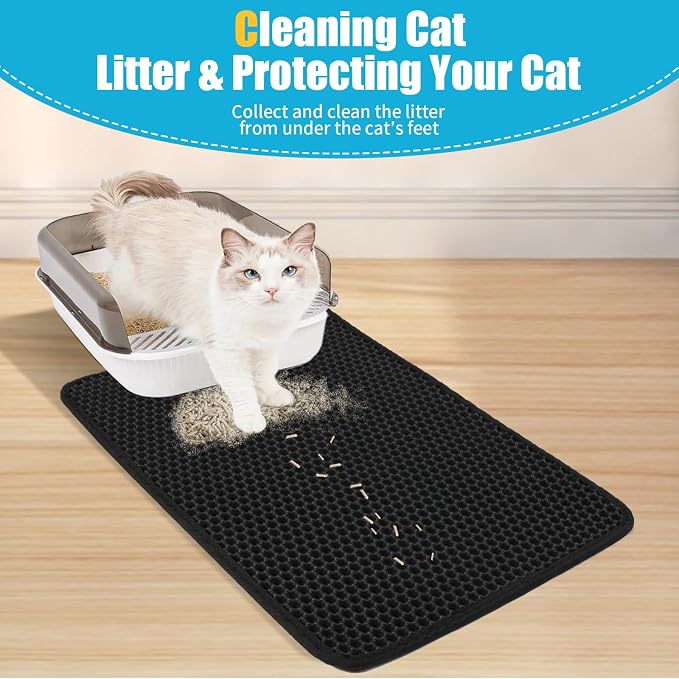 Cat Litter Mat 26"x46.5", Double Layer Waterproof Litterbox Mat, Black | Non-slip backing, washable for easy cleanup, traps stray litter with waterproof honeycomb large grid that is urine-proof.