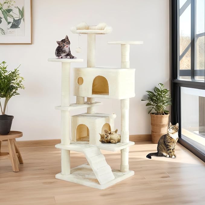 Sweetcrispy 54 Inch Cats Tree Tower with Scratching Post, Beige | Multi-Level Indoor Cat Tree Condo with Climbing Ladder, Plush Toy, Play House for Kittens