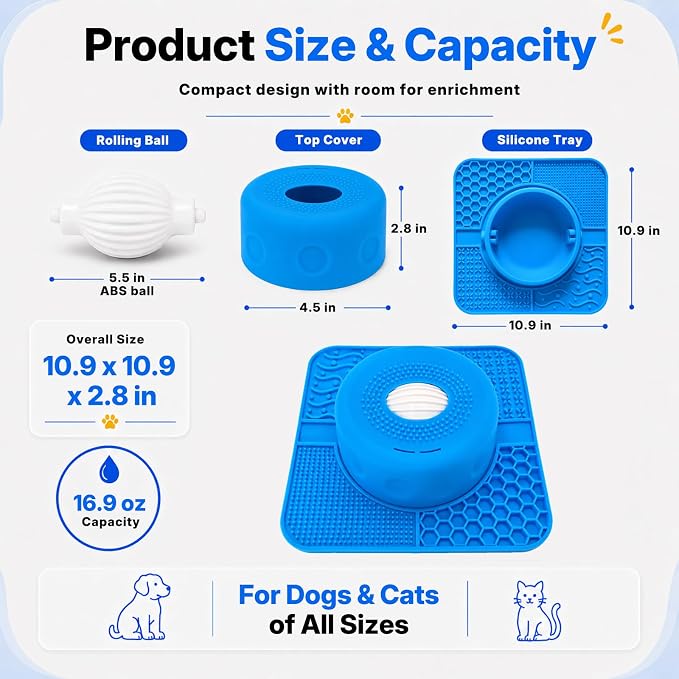 2-in-1 Slow Feeder Dog Bowl, Rolling Ball & Lick Mat, Large Blue | 16.9 oz silicone bowl mat with non-slip suction cups for liquid and thick treats, for large, medium, small dogs and cats