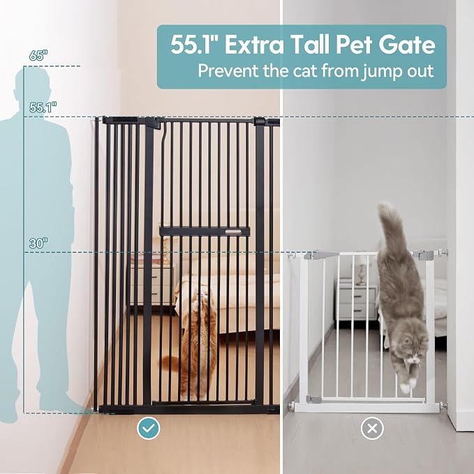 No Pawblems 55.1" Extra Tall Pet Gate, 29.9"-44.4" Wide Cat/Dog Gate, Black | No Drilling Pressure Mounted, 1.37" Narrow Bar Spacing, Auto Close Tall Cat Gate for Doorway Hallway, One-Hand Operation