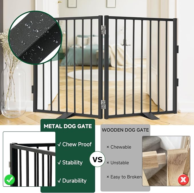 Snagle Paw Full Metal Freestanding Dog Gate,Indoor Dog Gate with Floor Protect Support Feet, 40x24Inches Foldable Dogs Barrier for Stairs, Hallways and Doorways (24'' H 2 Panel, Black)