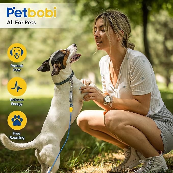 Petbobi Dog Tie-Out Cable and Stake - 20ft Heavy Duty Cable with Spring, No Tangle, 16in Ground Stake, Ideal for Yard, Camping and Beach, Suitable for Small Medium Large Dogs Up to 120 lbs, Blue | 4in Shock Spring, 16in Spiral Ground Anchor, 360° No-Ta...