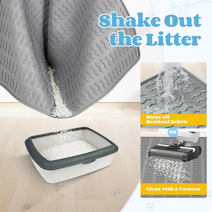 Cat Litter Mat, 47x35in Extra Large Litter Trapping Mat, Grey | XXL Cat Mat Fits 2-4 Litter Boxes, Silicone Litter Trapping Mat, Waterproof Raised Edges, Non-Slip Bottom, Easy Clean