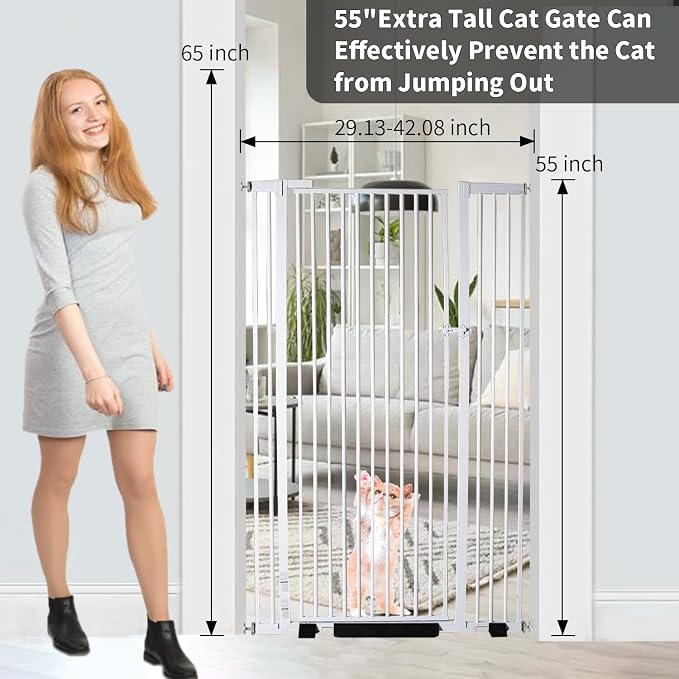 55.1 Inch Extra Tall Pet Gate, 29.92"- 43" Adjustable Dog Gates | Pressure Mounted, Walk Through, Cat Gate, No Drilling, Narrow Slat, Heavy-duty Steel, For Doorways, Stairs, Hallway, Kitchen