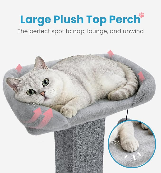 Made4Pets 32" Carpet Cat Scratching Post with Bed for Indoor Cats, Grey | Carpet Cat Scratcher, Raised Perch with Removable Washable Cover, Wide Base, Hanging Ball, Compact Indoor Design