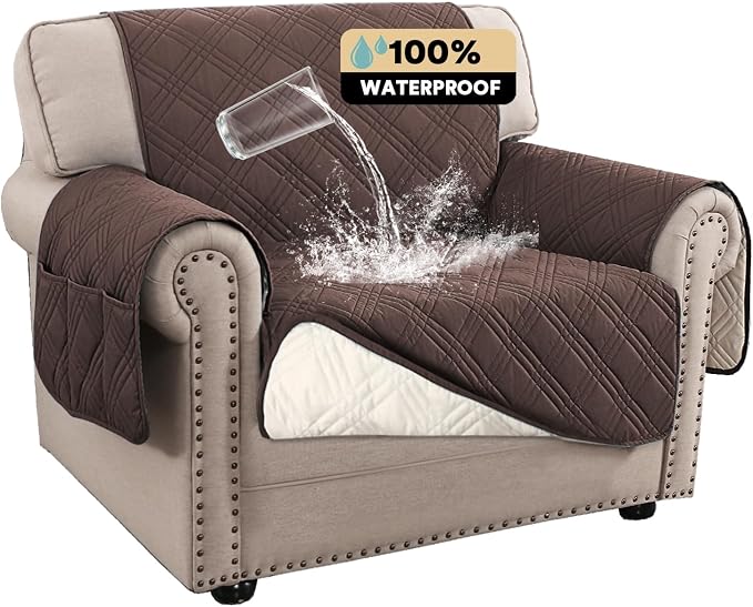 100% Waterproof Chair Sofa Slipcover for Living Room Water Resistant Couch Cover Furniture Protector Cover with Elastic Straps for Pets Kids Children Dog Cat(Chair 23", Brown)