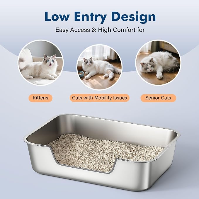 Qiuma Stainless Steel Cat Litter Box with Low Entry, Metal Kitty Litter Box for Senior or Injured Cats, Odor-Free, Non-Stick, Easy to Clean, 19.5"x13.6"x5.9", Litter Pan for Big and Small Cats