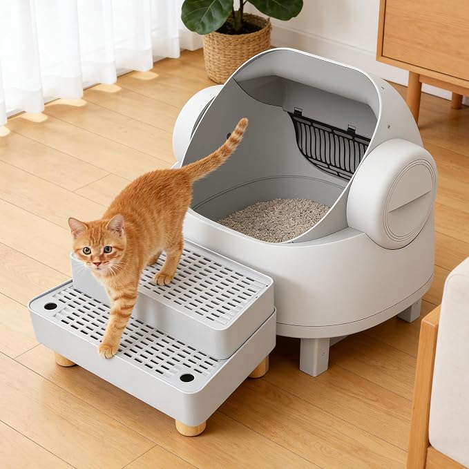 Adjustable Litter Box Step, Cat Litter Box Ramp/Catcher with Wooden Feet | 2 Steps,Fits Automatic Litter Box Steps, Filter Function, Anti-Tracking, Easy to Clean, For Small & Elderly Cats