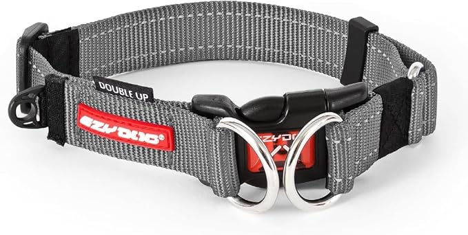 EzyDog Double Up Dog Collar, Strong Double D-Rings - X-Large, Gray | Dual D-Rings for Superior Strength, Safety, and Comfort, Soft Touch Nylon Webbing, Reflective Stitching, Id Attachement Point