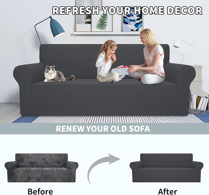 MAXIJIN Super Stretch Couch Cover for 3 Cushion Couch, 1-Piece Universal Sofa Covers Living Room Jacquard Spandex Furniture Protector Dogs Pet Friendly Fitted (Large, Gray)