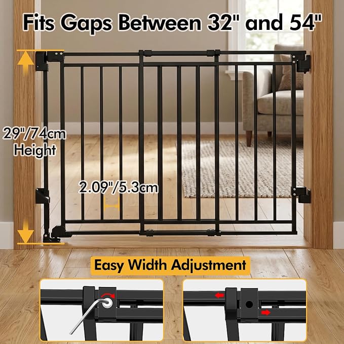 Extra Wide 29" Tall Baby & Dog Gate, 32-54" Wide Hardware Mount Gate,Black | Auto-Close design,Two-Way Swing, No Bottom Bar,Must Drill to Install
