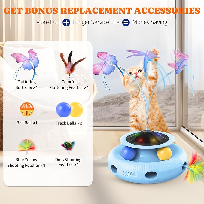 Pawtners Cat Toys, Automatic Interactive Kitten Toys for Indoor Cats, Blue | Fluttering Butterfly, Moving Feather, Track Balls and USB Rechargeable Powered Smart Indoor Exercise Kicker