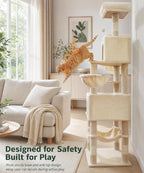 AMHANCIBLE 70 Inch Cat Tree for Large Cats, Multi-Level Cat Tower | Cat Houses & Tree Tower with 2 Condos, 8 Sisal Posts & Hammock for Indoor Cats Large Adult, Beige