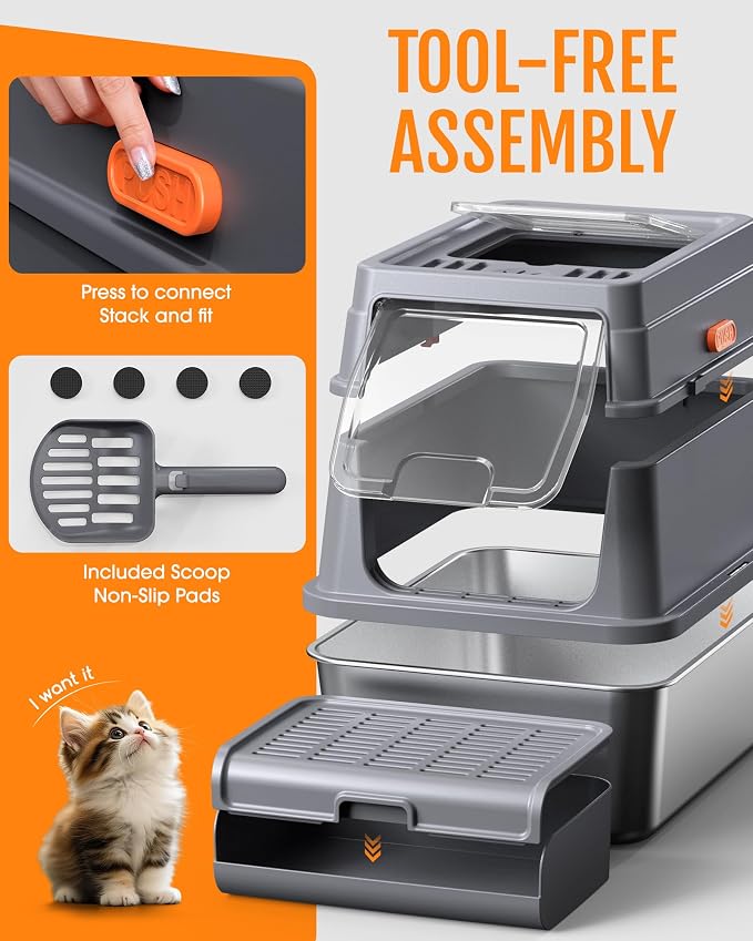 Powools Stainless Steel Enclosed Cat Litter Box, Elevated Step Box, Grey | 17.1 x 13.2 x 15.0 in, Metal Cat Litter Box with Lid, Litter Scoop, Activated-Carbon Pack, Non-Sticky, Easy to Clean