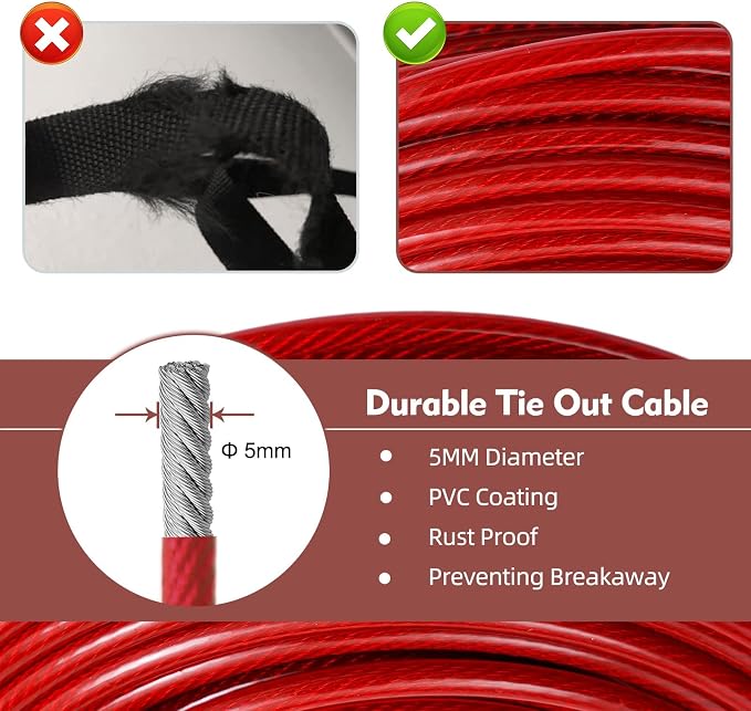 Dog Runner for Yard, Trolley System, 50FT+10FT, Red | Chew-resistant Cable, Shock Spring Softens Pulls, 360° Swivel Reduce Tangles
