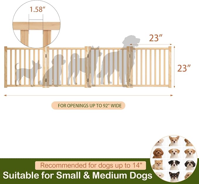 Wooden Freestanding Dog Gate Indoor - 23" H 4 Panels | No-Painted Foldable Pet Gates, Portable Folding Puppy Fence for Doorways, Stairs, Hallways