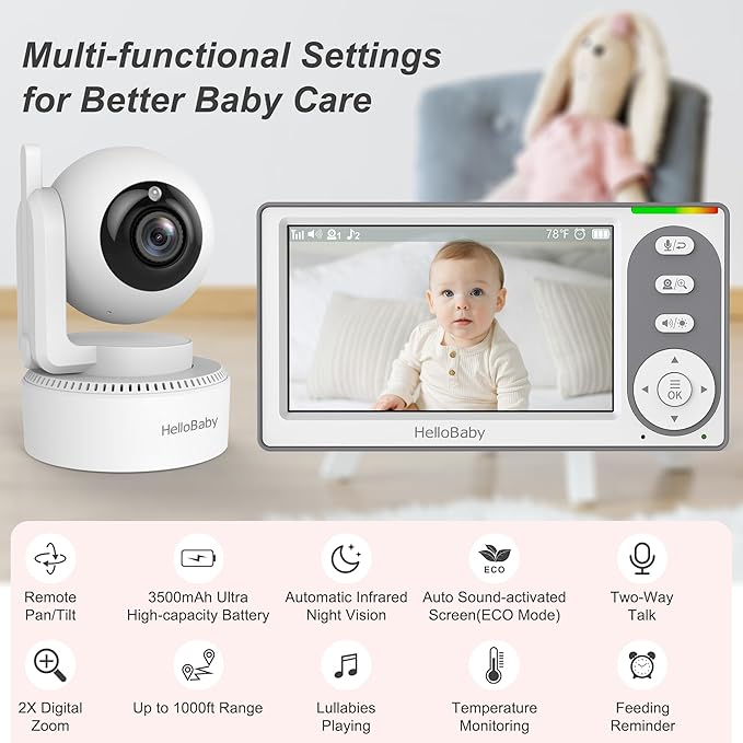 HelloBaby 4.3'' Video Baby Monitor with 30 Hours Battery, Remote Pan-Tilt-Zoom Baby Monitor No WiFi, Baby Monitor with Camera and Audio, Night Vision, ECO Mode, Two-way Talk, 8 Lullabies, 1000ft Range | Remote Pan-Tilt-Zoom, Baby Monitor with Camera an...