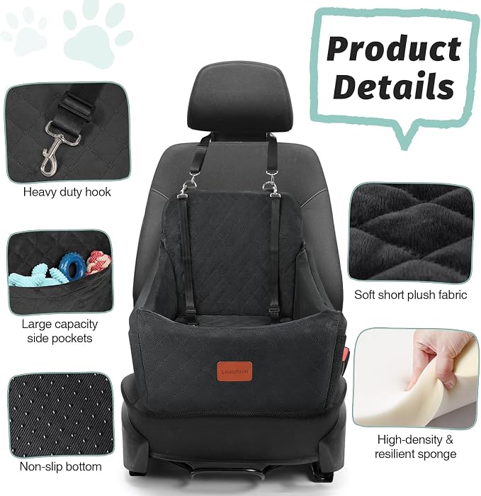 Lealchum Dog Car Seat for Medium Dogs Up to 40lbs,Fully Detachable and Washable,Memory Foam Covered Soft Fabric,Easy to Install with Adjustable Straps,Anti-Slip Base,Two Side Pockets(Black,Medium)