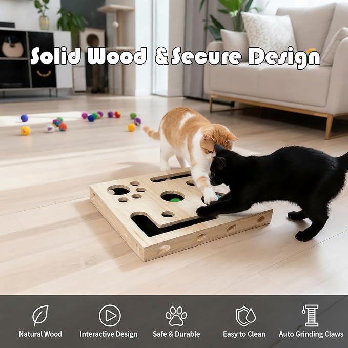 Cat Nail File Scratcher,Large Solid Wood Cat Toy Box with Sandpaper Inside, Interactive Indoor Cat Toy, Cat Claw Saver Box, 3 Bells & 2 Cat Wand& 1Cat Nail Clippers