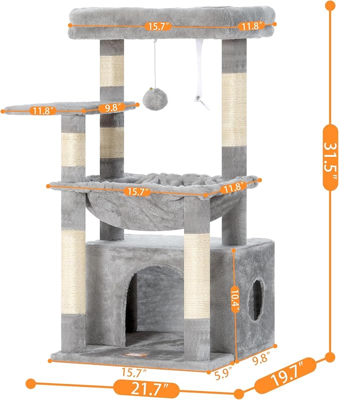 Heybly Cat Tree, Kitten Tower with Large Soft Cat Basket HCT008SW | Cat Condo with Spacious Cat Bed Cave with Hidden Space, Sisal Scratching Posts, Dangling Ball for Indoor Cats, Light Gray