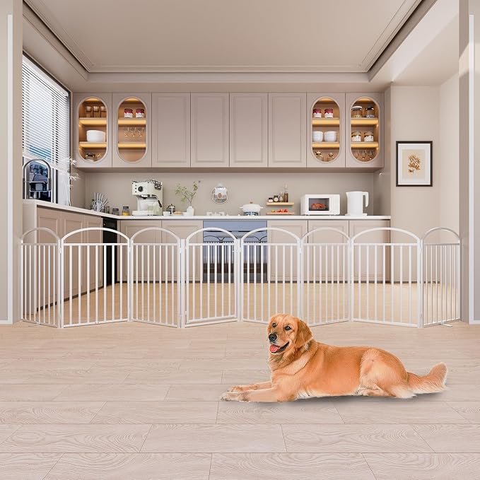 SNUOWU 8 Panels Full Matel Freestanding Dog Gates with Door, 192"Extra Wide 32"Tall Free Standing Dog Pet Gate for Indoor & Outdoor. Foldable Pet Fences for Doorways, House, Stairs, Porch, Deck, Yard