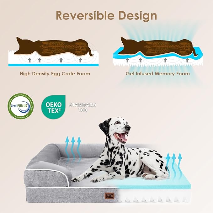 EHEYCIGA Orthopedic Extra Large Dog Bed, Waterproof Washable XL Pet Bed 44" | Non-Slip Bottom and Egg-Crate Polyurethane Foam Big Dog Couch Bed with Washable Removable Cover, Grey