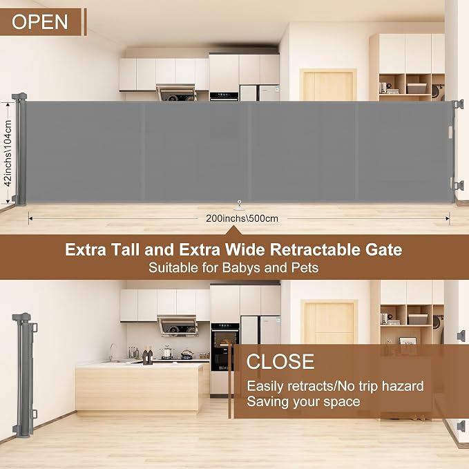 Miumoon 200 inch Reinforced Retractable Baby Gates 42 inch Tall | Retractable Dog Gate with No Crawl Through Reinforced Strip, 16 FT Extra Long Retractable Gate Outdoor, Garage Gate