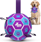 QDAN Dog Toy Soccer Ball, Durable Dog Balls for 30-90 lbs Small Medium Dogs | 8 Inch Soccer Toy with Straps, Dog Tug Toy for Tug of War, Puppy Birthday Gifts, Training Herding Balls for Outdoor, Purple