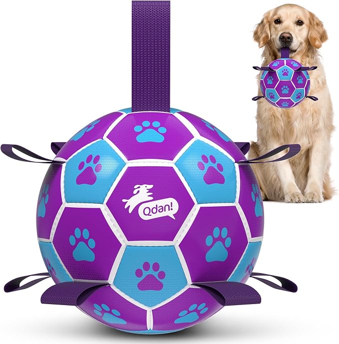 QDAN Dog Toy Soccer Ball, Durable Dog Balls for 30-90 lbs Small Medium Dogs | 8 Inch Soccer Toy with Straps, Dog Tug Toy for Tug of War, Puppy Birthday Gifts, Training Herding Balls for Outdoor, Purple