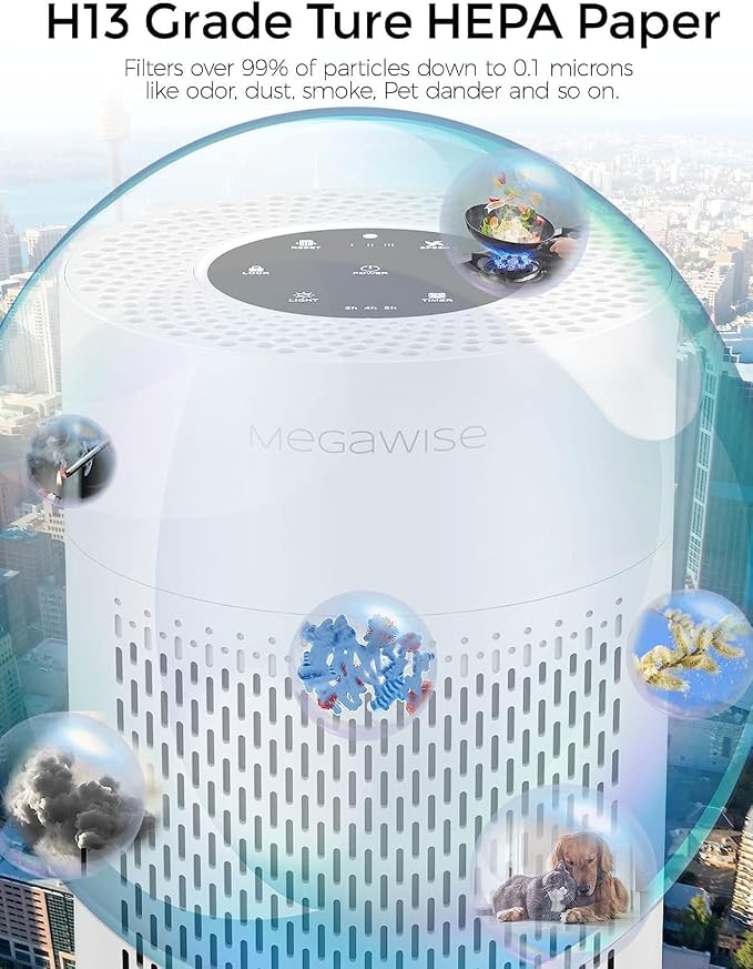 MEGAWISE Air Purifier for Wildfire Smoke, H13 HEPA for Home Bedroom, White | Wildfire smoke sensor + PM2.5 display, Quiet sleep mode (<25dB), HEPA filters smoke, ash, dust & pet dander
