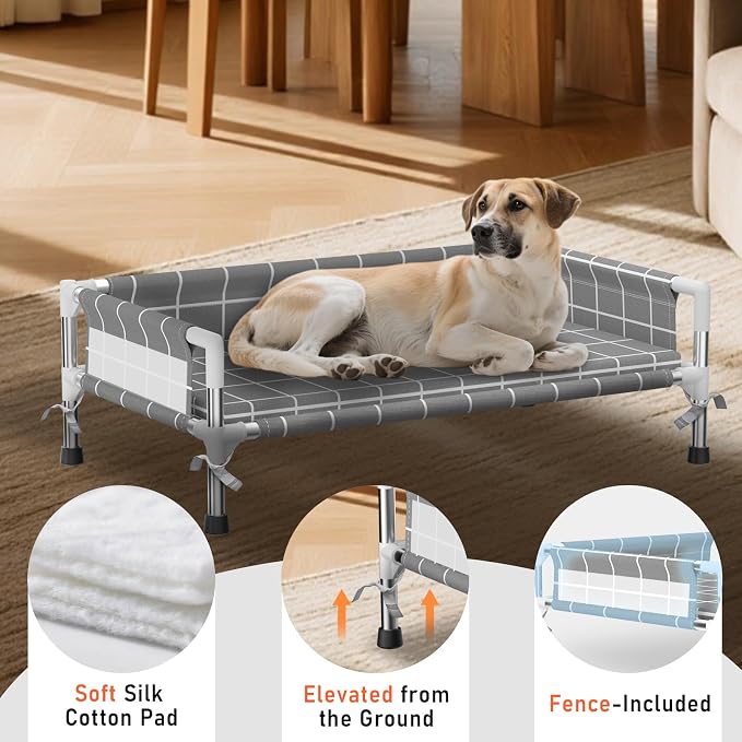 Elevated Dog Bed with Cushion and Three-Sided Fence for Small Medium Dogs | 3-sided safety Guardrail and soft cotton fabric. Anti-slip feet for stable indoor relaxation and outdoor activities