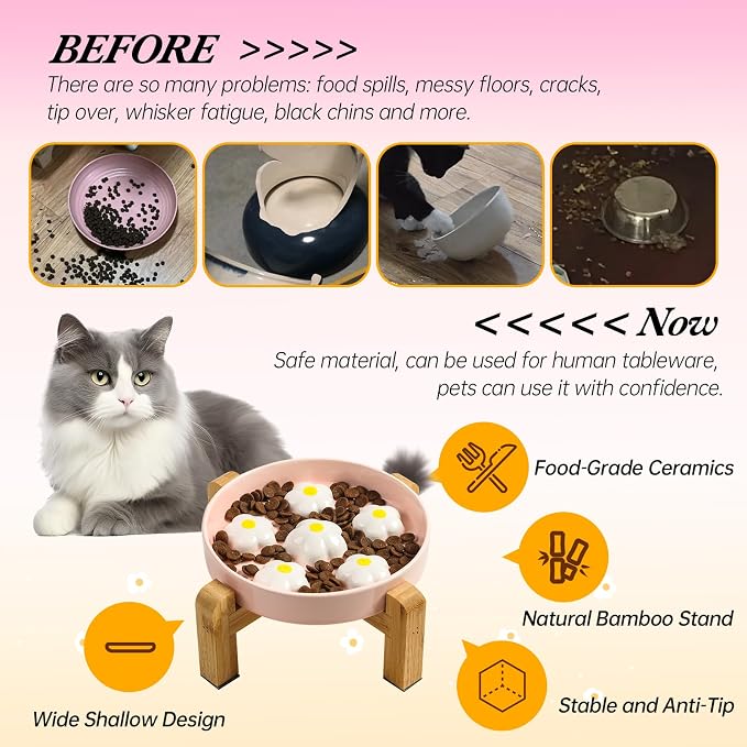 Elevated Ceramic Slow Feeder Cat Bowl with Anti-Slip Bamboo Stand | 6.3" Wide Whisker Friendly, Slow Eating 3x, Dry & Wet Food, Cute Flower-Shaped Maze, Microwave & Dishwasher Safe, White