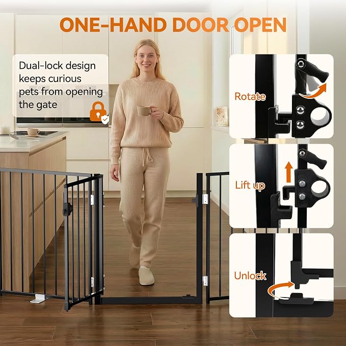 BFNN Chewproof Steel Dog Gate Indoor, 120" Extra Wide Freestanding Fence | Flexible Space Control | With Walk-Thru Door | 24" Tall Heavy Duty Barrier | Foldable | No Drill | For Small & Medium Puppy