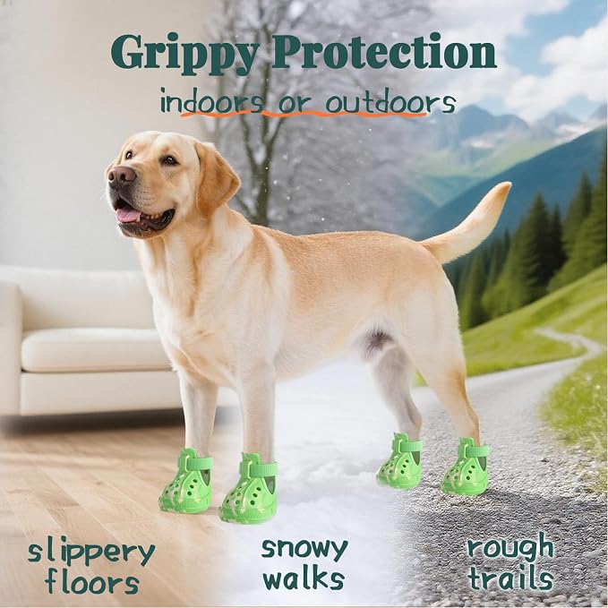 Dog Shoes for Hot Summer Pavement, Dog Shoes for Medium Dogs, Waterproof Dog Boots & Paw Protectors, Non-Slip Dog Rain Booties, Easy Clean Sandals for Beach Green Size 5