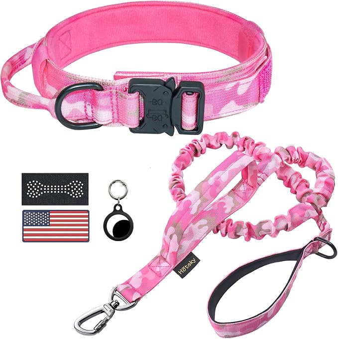 Hotsky Tactical Dog Collar and Leash Set, Heavy Duty Military Airtag Dog Collar with Handle and Metal Buckle for Training and Walking, with Airtag Holder and Two Patches(Pink Camo, XL)