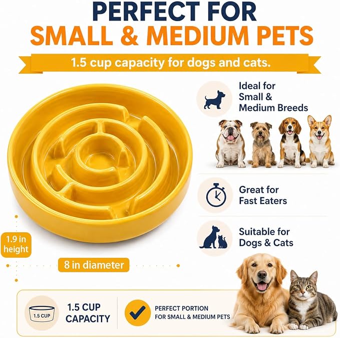 Ceramic Slow Feeder Dog Bowl,1.5 Cups Pet Slow Feeder for Small and Medium Breed,Puzzle Dog Food Dish,Anti-Gulping,Stop Bloat,Preventing Choking(Yellow)