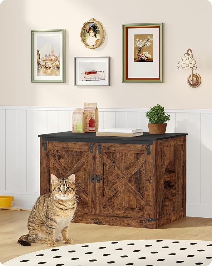 Hzuaneri Cat Litter Box Enclosure, Hidden Litter Box Furniture with Divider | Wooden Cat Cabinet with Removable Dividers, Reversible Entrance Left or Right Side, Cat Washroom, Rustic Brown Black CB84601X