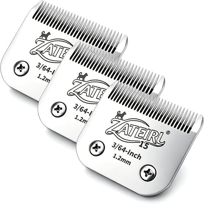 Size 15 Detachable Pet Grooming Clipper Blade with Ceramic Cutter, 1.2mm 3/64 Inch Cut Length, Silver, Compatible with Andis, Oster A5, Wahl KM10, 3 Pack
