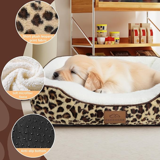 Zerbuger Rectangle Cat Dog Bed for Large Medium Small Pets Indoor Outdoor Machine Washable Sleeping Sofa Non-Slip Bottom Soft Puppy Bed Durable Orthopedic Calming Pet Cuddler (Medium, Leopard)