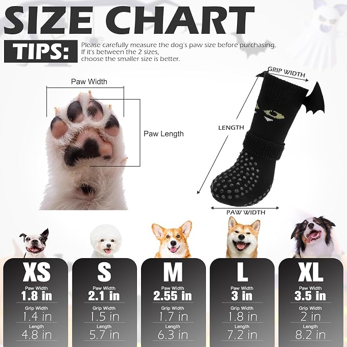 EXPAWLORER Halloween Anti Slip Dog Socks to Prevent Licking Paws, Boots & Paw Protectors with Grippers,Doggie Booties for Hardwood Floors for Small Medium Large Senior Dogs Costume Black Devil Wings M