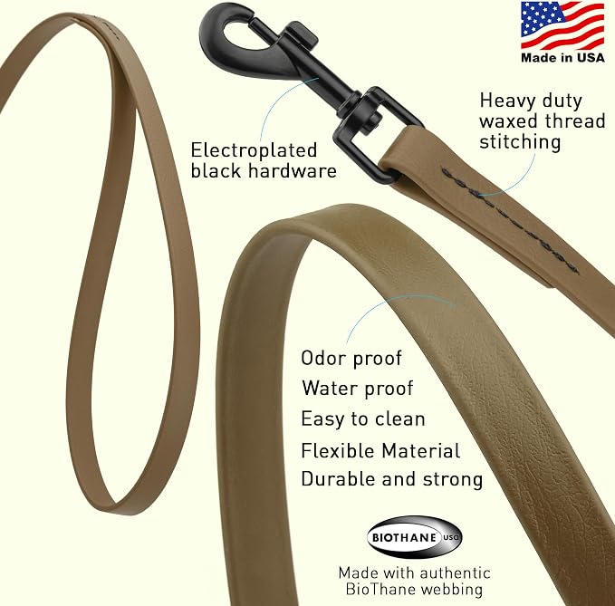 Dogline Biothane Waterproof Dog Leash Strong Coated Nylon Webbing with Black Hardware Odor-Proof Easy to Clean High Performance for Small or Large Dogs Made in USA 2 ft Lead, Coyote Brown