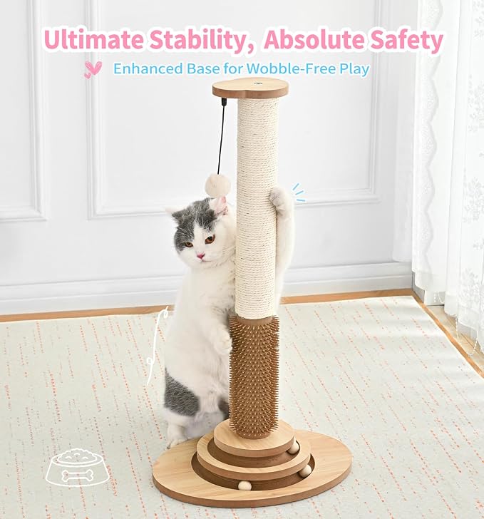 Made4Pets Cat Scratching Post for Indoor Cats with Self Groomer, 28.3" | Cat Scratcher with Natural Sisal Rope, Stable Base and Interactive Ball Track, Cat Toys for Medium and Large Indoor Cats