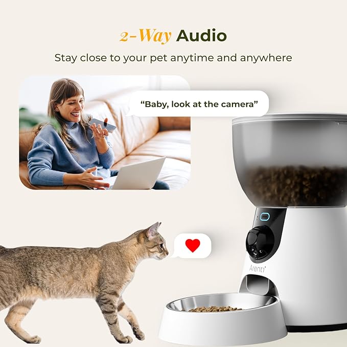 ARENTI Smart Automatic Cat Feeder and Water Fountain, 4L Pet Feeder Cat Food Dispenser with Camera, Dual Power, App Control, Live View & Night Vision, Meal Call, Hygienic Water Flow, Desiccant Bag