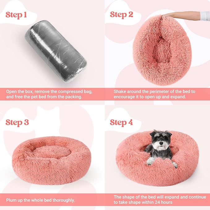 rabbitgoo Calming Cat Beds for Indoor Cats, 27 inches, Pink | Soft Warm Donut, Fluffy Faux Fur, Supportive Raised Rim, Anti-slip, Machine Washable, Up to 35lbs Pets